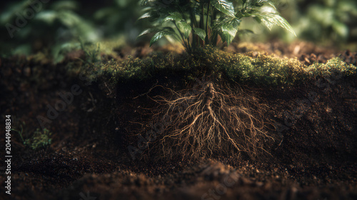 Plant with Exposed Root System in Dark Soil, Revealing the Intricate Network Beneath the Surface, Illustrating Growth, Interconnection, and