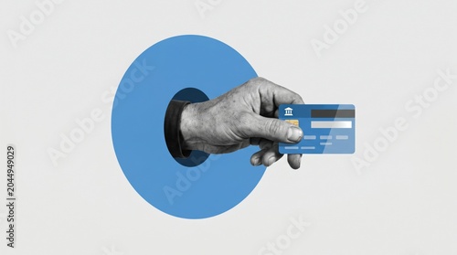 Collage hand reaches through a blue circular hole, holding a credit card against a light gray background.