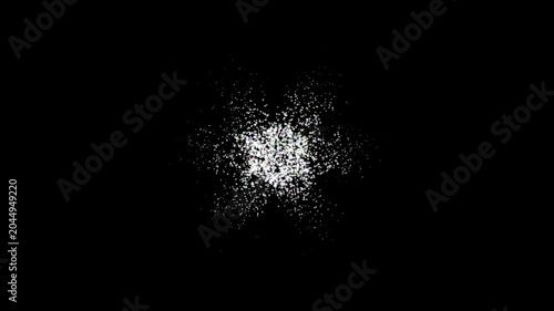 A motion graphic showing a cluster of bright white glowing particles rapidly expanding outward against a dark background