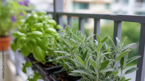Culinary herbs thriving in small apartment balcony garden