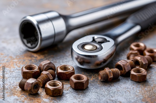 Ratchet wrench preparing to remove rusty bolts and nuts