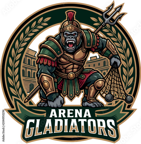 Schilderij op canvas Arena Gladiators: Muscular gorilla gladiator warrior inside Colosseum emblem