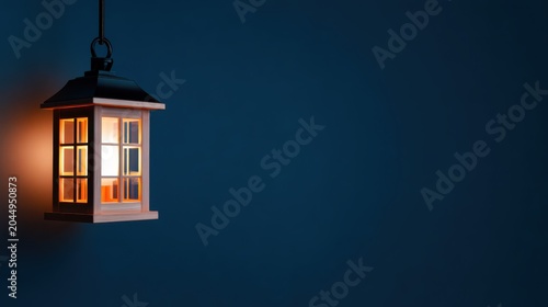 Glowing wooden lantern illuminating dark blue background