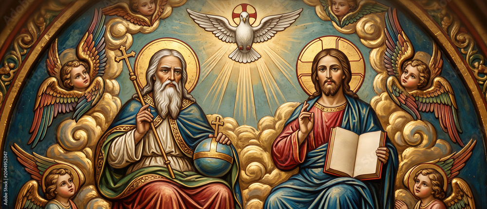 Obraz premium Holy Trinity illustration depicting God the Father and Jesus Christ with a dove representing the Holy Spirit. Banner with copy space