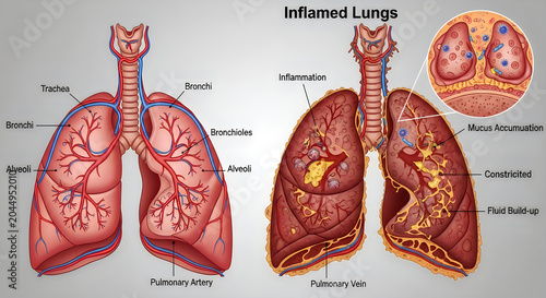 Comparison illustration of healthy and inflamed lungs with detailed anatomical labels.