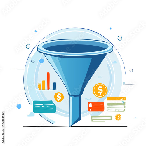 Sales funnel illustration with charts and money symbols