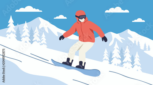 Obraz na płótnie Snowboarder descending a snowy mountain slope with pine trees and clouds