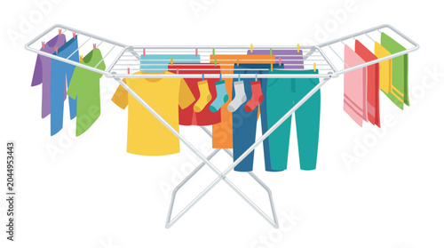 Colorful clothes drying on a white collapsible drying rack indoors