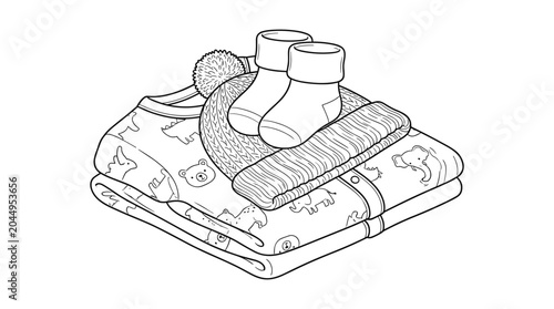 Stack of baby clothes and accessories including socks and a hat for a newborn