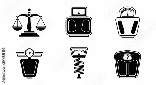 Collection of six stylized icons depicting various types of scales and weighing devices