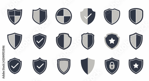 Collection of shield icons featuring security symbols like locks and checkmarks