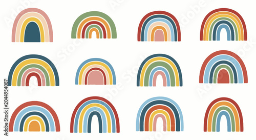 Collection of twelve stylized rainbows in earthy and muted colors