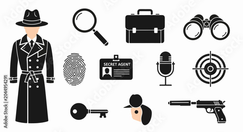 Collection of spy-themed icons including a trench coat, magnifying glass, briefcase, and binoculars