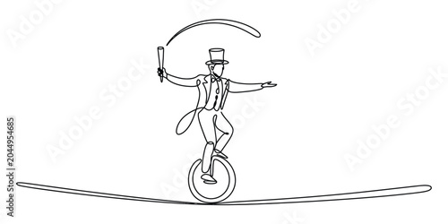 Bild auf Leinwand Continuous one line drawing of a circus performer riding a unicycle on a tightro