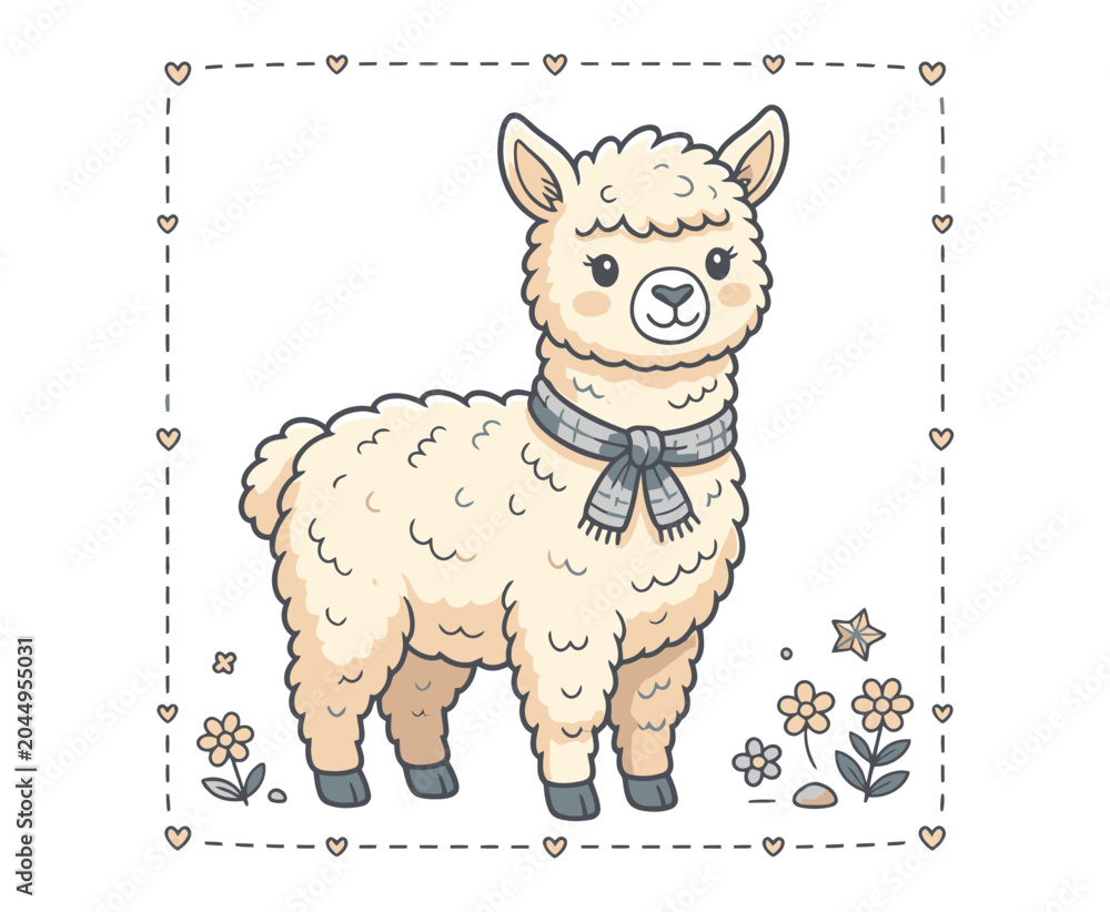 Fototapeta premium Cute fluffy llama wearing scarf standing in meadow with flowers and heart border.