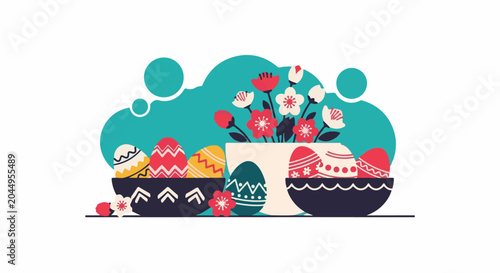 Festive Easter scene with colorful decorated eggs and blooming flowers