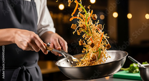 Dynamic action shot of a professional chef tossing vegan nasi goreng fried rice with tofu, sprouts, carrots, bell peppers in a hot stainless steel wok with dramatic steam, professional culinary look.