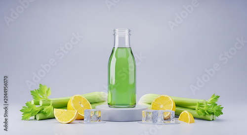 Commercial 3D product render of organic green celery tonic in a clear glass bottle on a podium surrounded by fresh celery stalks, cut lemons and ice cubes, crisp minimalist aesthetic.