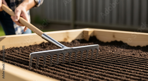 Hands holding a metal gardening rake in a wooden raised bed, levelling dark, moist soil in preparation for planting seedlings on a sunny day in a backyard garden. Close-up photo style 