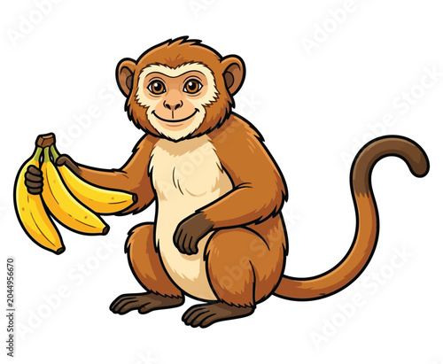 Canvas Print Cute cartoon monkey holding bunch of yellow bananas smiling sitting on white background art