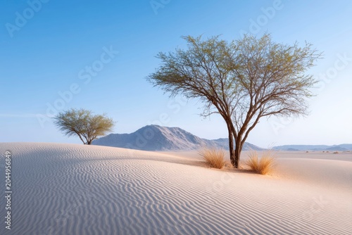 sand dunes with dead acacia trees, rippled sand patterns, clear blue sky