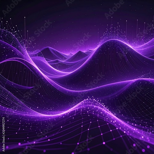 Glowing Purple Digital Waves Flowing Across Abstract Futuristic Landscape