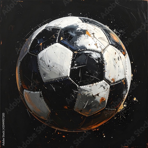 A distressed painting of a soccer ball with black and white panels against a dark background
