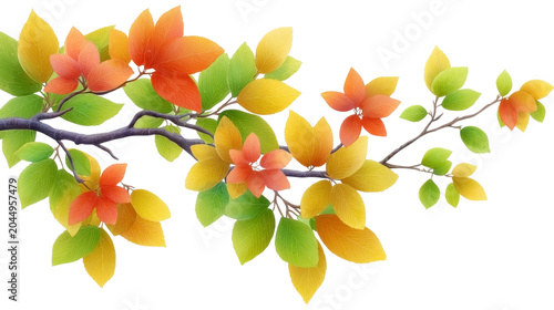 Vibrant autumn tree branch corner element, bright orange and yellow leaves on transparent background