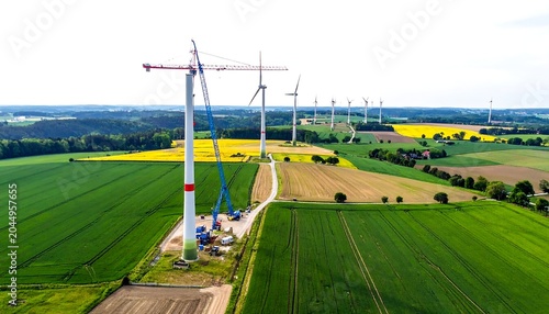 Aerial view of wind turbines being constructed in a vast field