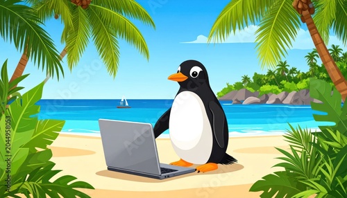 Cartoon penguin working on laptop at tropical beach.
