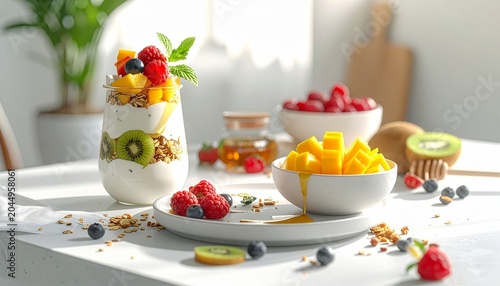 Fresh yogurt parfait with tropical fruits and berries on a bright kitchen table with soft natural morning sunlight
