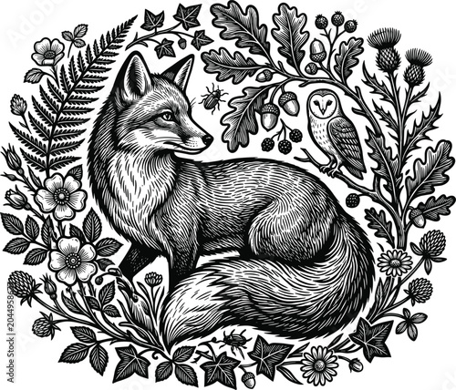 Fotografía Woodcut style linocut vector illustration of a red fox and barn owl in a woodlan