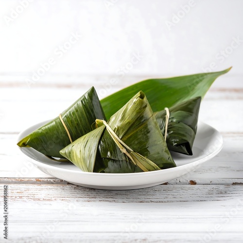 Traditional Leaf Wrapped Rice Dumpling Arranged on White Plate on Rustic Wooden Table