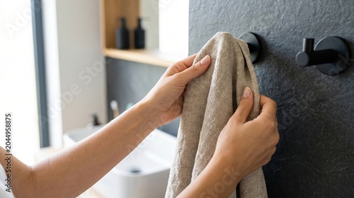 Person hanging a beige towel on a black wall hook in a modern bathroom with a sink and toiletries in the background.