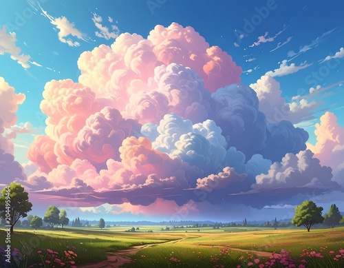 A serene landscape with a large, fluffy cloud formation in shades of pink, purple, and white, set against a blue sky with scattered trees and flowers in a lush green field