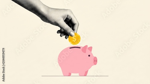 Collage hand is placing a gold coin with a dollar sign into a pink piggy bank, symbolizing saving money and financial planning.