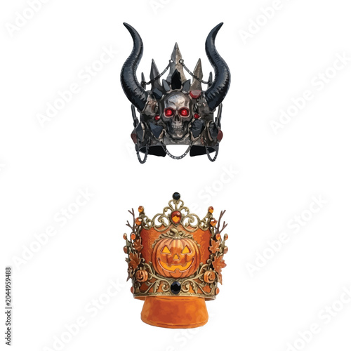 Gothic Skull Crown with Horns and Halloween Pumpkin Tiara with Ornate Details