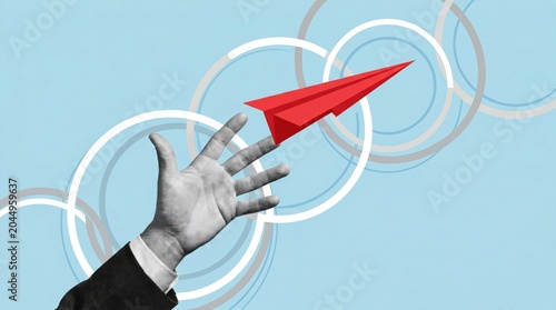 Collage monochrome hand in a suit releases a red paper airplane against a blue background with circular designs.