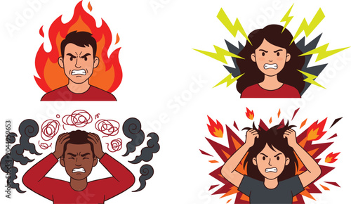 Angry People Avatar Character Set with Furious Men and Women Expressing Rage Stress Aggression and Mental Burnout Concepts Vector Illustration