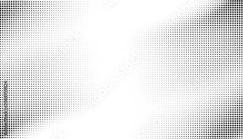 Black and white halftone background with radial gradient dot pattern.