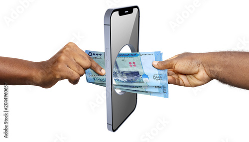 A conceptual image shows a stack of blue Yemeni Rial banknotes being passed through a hole in a smartphone screen between two hands, symbolizing digital transactions and online banking.