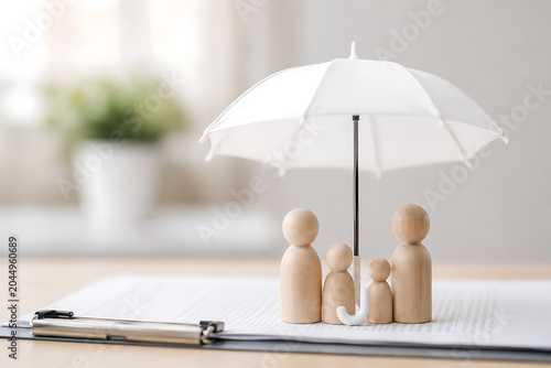 wooden figures under umbrella photo protection family people clipboard paper