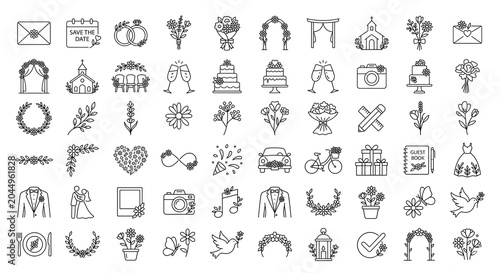 Quadro su tela Set of wedding and marriage line icons isolated on white background