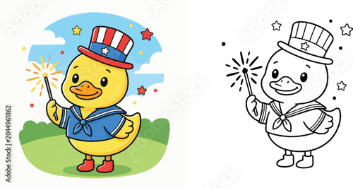 Bild auf Leinwand Cute Patriotic Duck Wearing Sailor Suit and Uncle Sam Hat Holding Sparkler, Colo