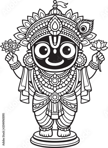 Jagannath Idol Holding Flowers in Black and White Line Art white background