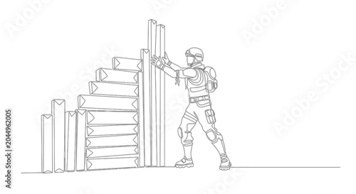 Canvastavla Soldier building defense barrier with boxes, continuous line art, minimalist, st