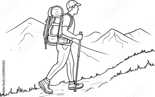 Man hiking in the mountains with a backpack and trekking poles on a trail