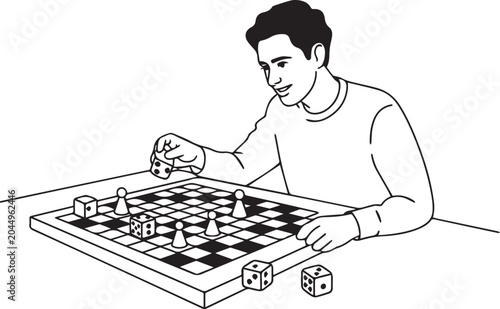 Man playing a game of chess with dice on the board and table isolated on white background