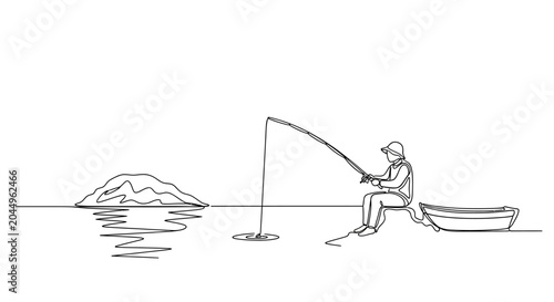 Slika na platnu Fisherman in rowboat with fishing rod, calm lake, island in distance, line art