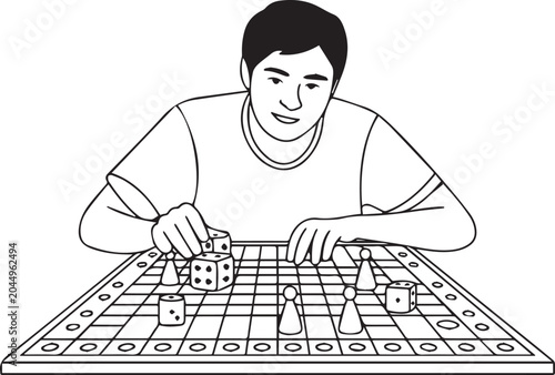 Man playing a game with dice and pieces on a grid board isolated on white background